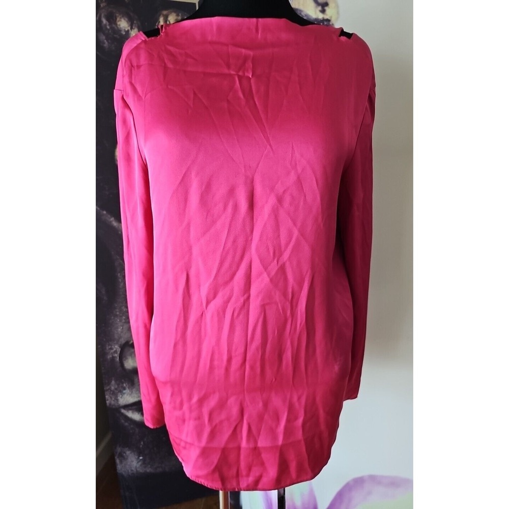 St John Long Sleeve Pink Silk Blend Attached Tie Neck Satin Blouse Size L YJ01